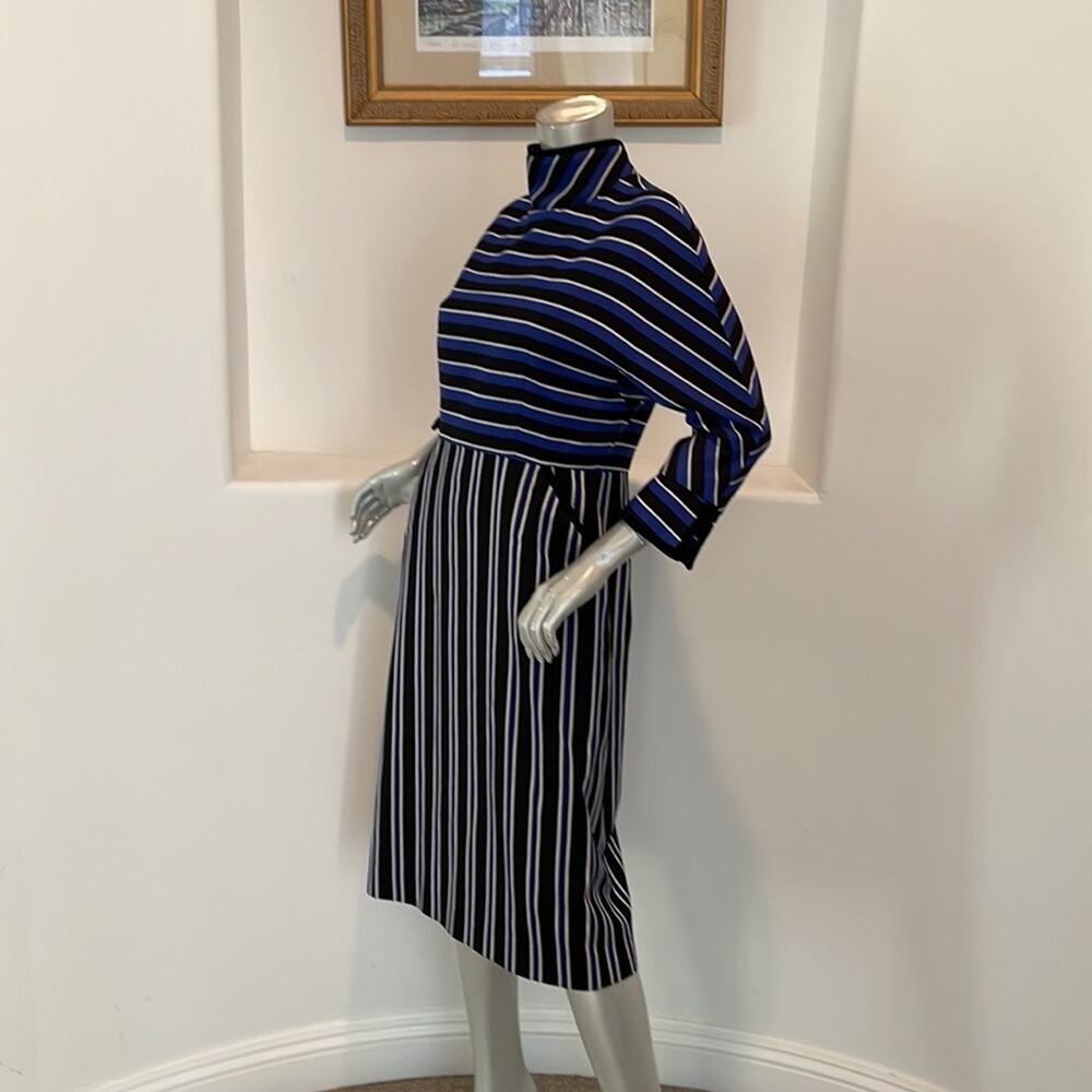 Olympia Le-Tan Striped Dress Sz 42 Blue Black Mock Neck Paris Designer - Picture 6 of 16